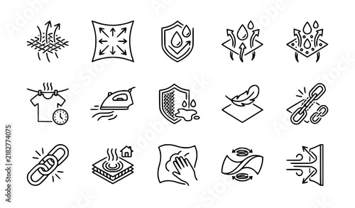 Fabric Feature Line Icon Set with Stretch, Waterproof, Quick Dry, Soft Touch, and Durability Symbols for Textiles