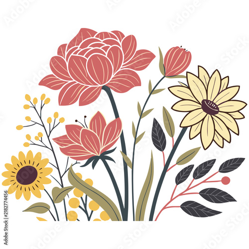 Decorative botanical illustration featuring hand drawn stylized flowers with soft pastel colors and organic leaf shapes