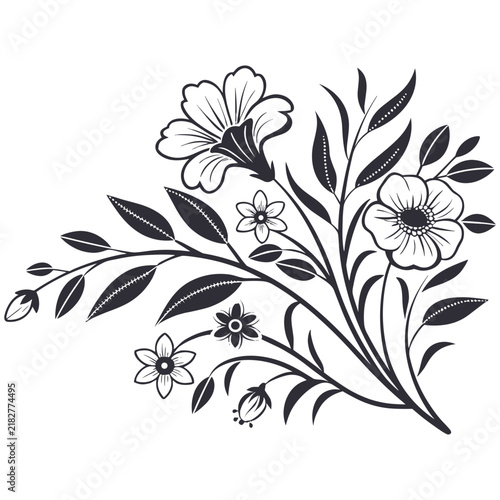 Decorative floral bouquet illustration with stylized flowers and leaves in a clean handdrawn ink style