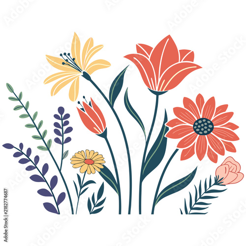 Handdrawn floral illustration with stylized colorful flowers and green leaves arranged in a decorative bouquet composition