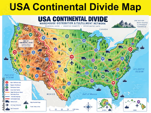 Принти на полотні Usa continental divide logistics map with warehouse distribution hubs and national transit routes