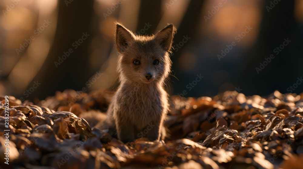 Fototapeta premium A small fox explores a colorful leaf pile on the forest floor in the autumn. The shallow focus highlights the furry creature.