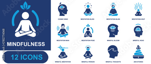 Mindfulness icon set. Containing cosmic mind, bliss, heat, meditation man, meditation pose, mindful bloom, mindful head, mindful thoughts, zen stones and more. Solid fill vector icons.