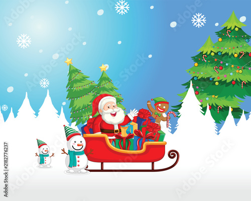 Santa Claus in Sleigh with Christmas Trees and Snowman