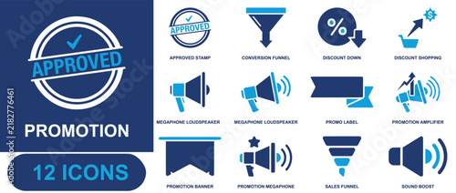 Promotion icon set. Containing approved stamp, conversion funnel, discount shopping, megaphone, promo label, promotion banner, sales funnel, sound boost and more. Solid fill vector icons.