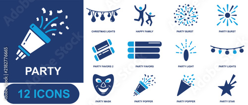 Party icon set. Containing Christmas lights, happy family, party burst, party favors, party light, party lights, party mask, party popper, confetti and more. Solid fill vector icons.