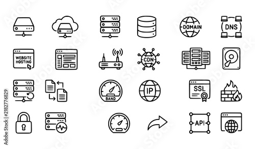 Foto Web hosting server database domain and cloud infrastructure outline icon set