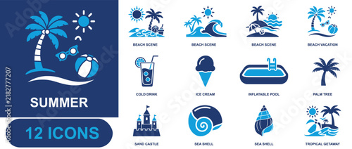 Summer icon set. Containing beach scene, beach vacation, cold drink, ice cream, inflatable pool, palm tree, sand castle, sea shell, tropical getaway and more. Solid fill vector icons.