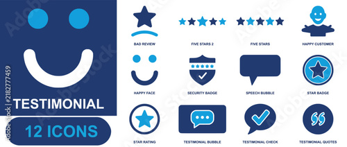 Testimonial icon set. Containing bad review, five stars, happy customer, security badge, speech bubble, star badge, star rating, testimonial quotes and more. Solid fill vector icons.