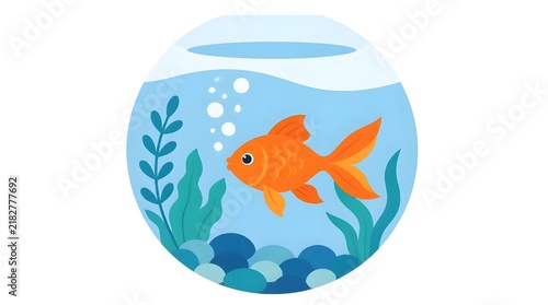Flat vector illustration of a cute orange goldfish swimming inside a round glass fish bowl with water bubbles on a plain background