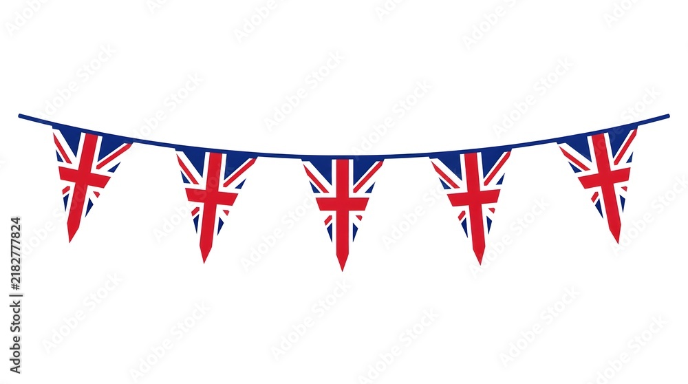 Obraz premium Vibrant flat vector illustration of British union jack bunting flags strung festively across a plain white background