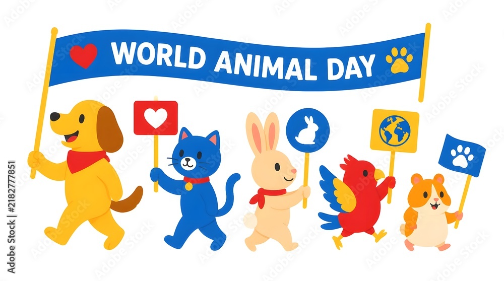 Fototapeta premium Colorful flat vector celebration of World Animal Day featuring animals marching in a parade down a city street with banners and confetti