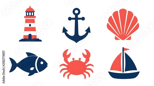 Six flat vector seaside icons arranged in grid including lighthouse with beams wave sailboat anchor fish and sun on plain white background