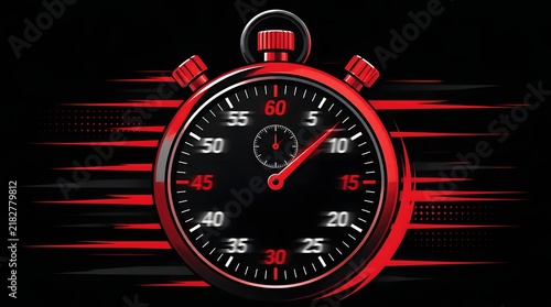 Flat vector illustration of a digital stopwatch timer counting up in motion with speed lines and motion trails on a clean sports background