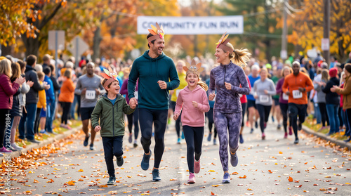 Active family wearing turkey headband running in community autumn marathon with cheering crowd on tree lined suburban road outside for Thanksgiving. Family autumn celebration concept, copy-space.