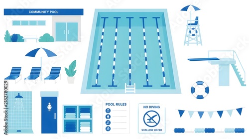 Flat vector illustration of a community swimming pool with clear blue water light blue deck lounge chairs with umbrellas and palm trees