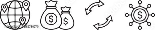 Collection of minimalist global business line icons showing world globe with location pins, money bags with dollar signs, transfer arrows, and network coin.