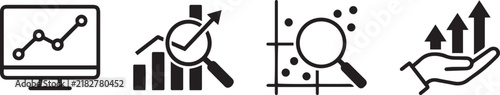Set of modern business data analytics icons featuring line charts on a computer monitor, bar graph research, scatter plot analysis, and growth arrows.