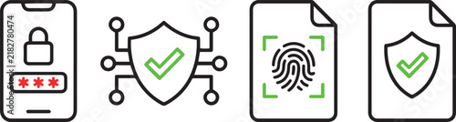 Digital cybersecurity icons featuring smartphone mobile lock with password, network circuit shield, fingerprint scanner document, and protected secure file.
