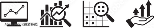 Minimalist business analytics icon set featuring line graph monitor, bar chart analysis with magnifying glass, data grid, and growth arrows on hand.