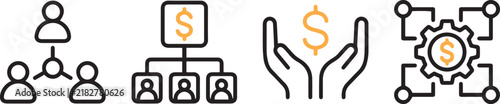 Set of corporate business management line icons depicting employee network, salary hierarchy structure, hands holding money, and financial gear system.