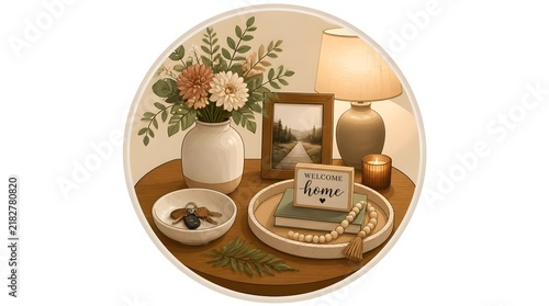 A flat vector illustration featuring a circular composition of an entryway console table with framed mirror and candle holders