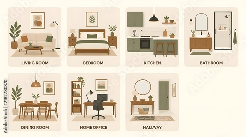 Home interior vector icon set featuring sofa lamp chair bed bookshelf plant and decorative objects in grid layout