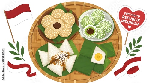 Flat lay vector illustration of Indonesian Independence Day snacks featuring kue lapis onde onde lemper and pastel on white checkered cloth