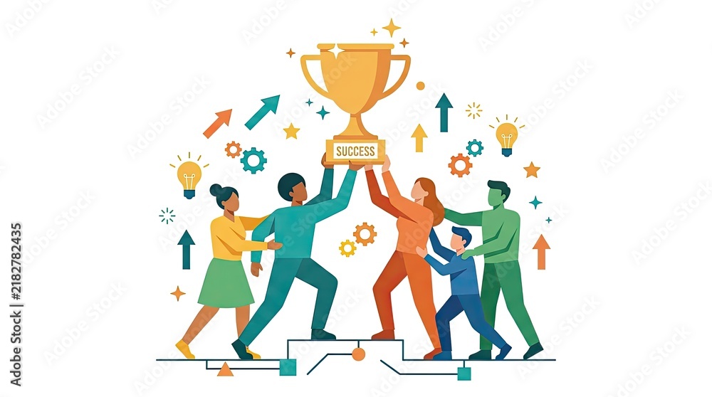 Fototapeta premium Group of Diverse People Celebrating Teamwork, Business Success, Community, Friendship and Communication Vector Illustration Collection