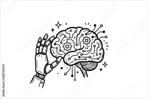 Robotic hand holding futuristic brain with circuit design illustration
