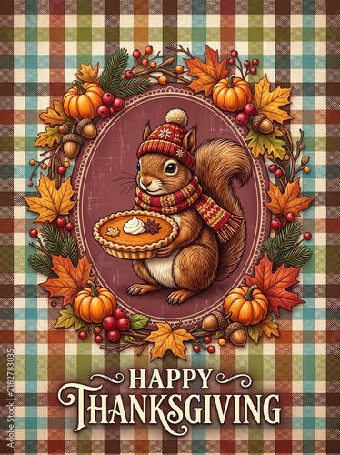 Cute Squirrel Holding Pumpkin Pie in Cozy Scarf and Hat Surrounded by Autumn Wreath — Happy Thanksgiving