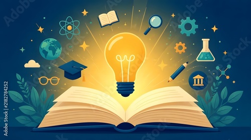 A flat vector illustration of an open book with white pages and a bookmark placed on a minimal solid light blue background