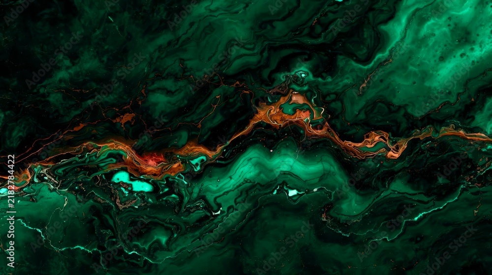 Fototapeta premium Deep emerald swirls flow with golden threads