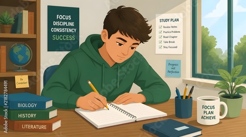 Flat vector illustration of a young student sitting at a desk with laptop textbooks lamp and backpack in a cozy study room
