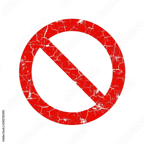 Grungy red prohibition sign with cracked paint texture and diagonal slash for stop and warning symbols on transparent background.