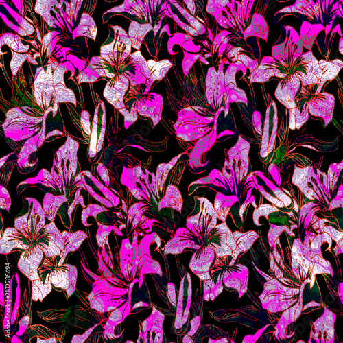Acid pink bright seamless pattern with silhouettes lilies flowers drawn by hand. Perfect for home textile, wallpaper, fabric, bedding, package, posters and print.