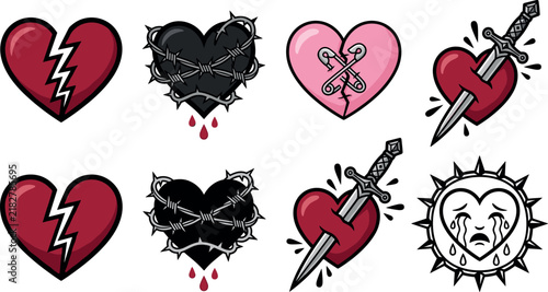 Heart Illustrations with Daggers and Barbed Wire, in a Vintage Tattoo Style