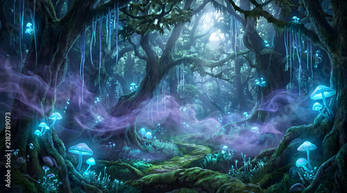 Bioluminescent mushroom forest with glowing blue fungi and mystical fog for fantasy cover.