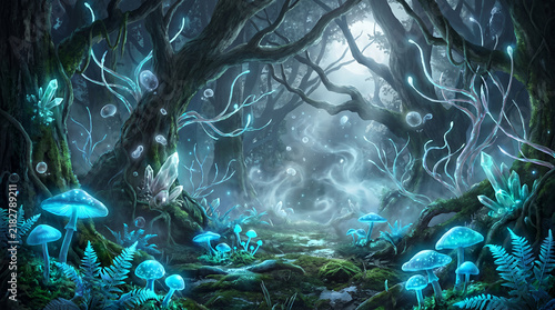 Enchanted forest landscape with glowing bioluminescent mushrooms and magical crystal shards.