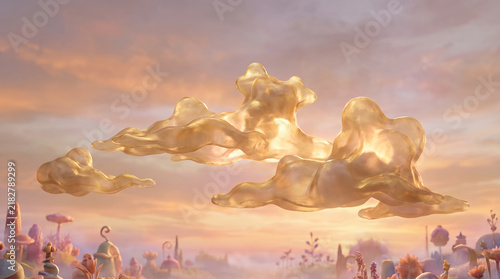 Golden translucent clouds floating over whimsical fantasy landscape at soft sunset sky.