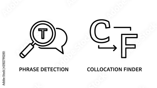 Phrase detection and collocation finder vector line icons set with detection
