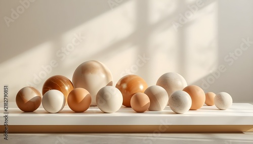 Abstract ceramic spheres with different sizes arranged on a platform, soft shadows, clean luxury