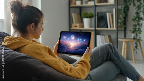 Female Student on Beanbag Chair Viewing Dynamic Landscape on Tablet