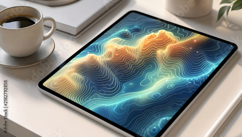 Smart Tablet Showing 3D Topological Map Next to Coffee on Modern Desk