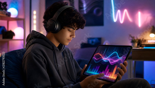 Student with Headphones Viewing Abstract Audio Waveforms on Tablet