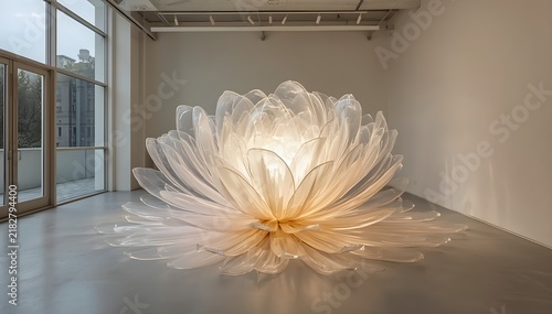 Layered translucent glass petals forming an abstract flower, soft glow, elegant modern studio design