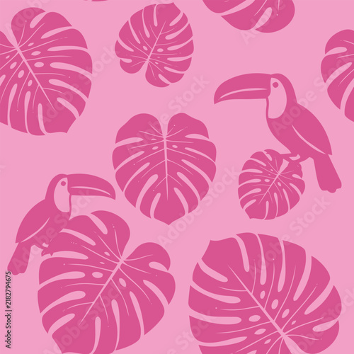  Tropical toucan bird and monstera seamless pattern