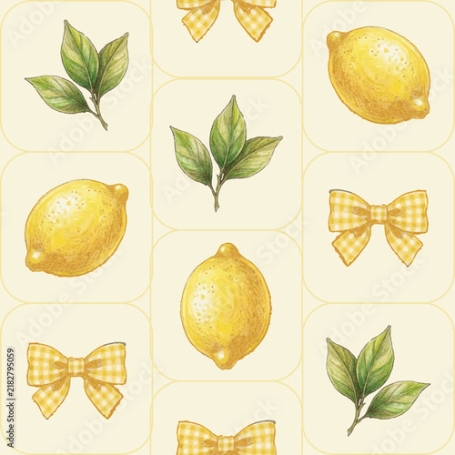 Mediterranean style grid seamless vector pattern with lemons and bows