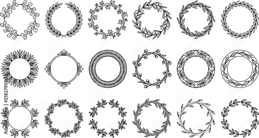 Fototapeta premium Elegant Black Line Botanical Wreath and Floral Border Frame Icon Set Vector Illustration for Wedding Invitation Designs