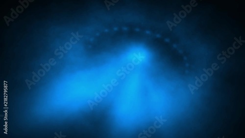 Creepy ufo silhouette in rays of light. 2D animation in sci-fi horror genre. Blue background color. Vj loop video. Spooky animated short film. Gloomy haze.